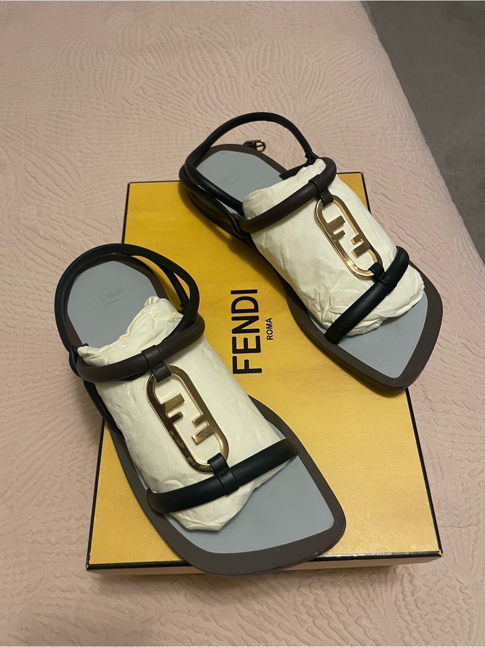 Fendi Brown and Black Leather Logo-Accent Sandals